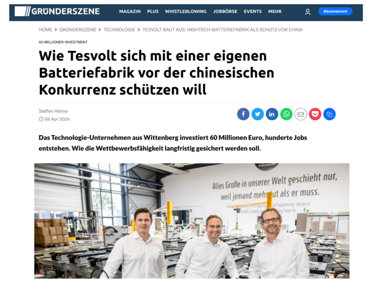 Tesvolt Gründerszene Article Press Clipping